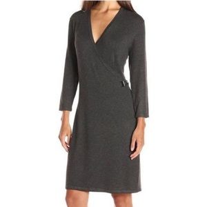 Calvin Klein V Neck Buckle Faux Wrap Sweater Dress